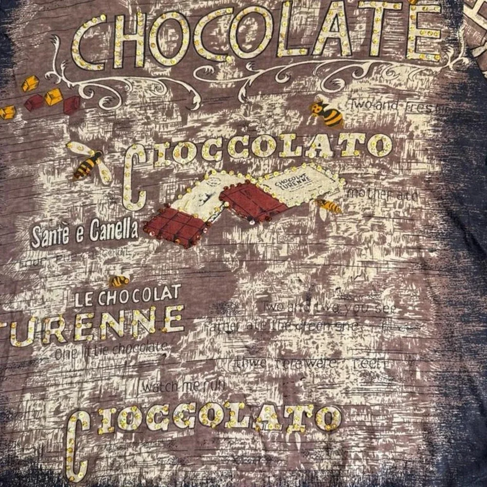 Y2K Euro Style Chocolate Graphic Rhinestone Long Sleeve Top 2X Brown